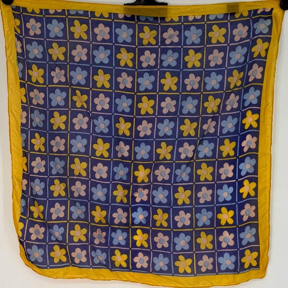 Sanfred Silk Scarf Blue Yellow Floral Daisy Grid Square Neckerchief Indie 105-32